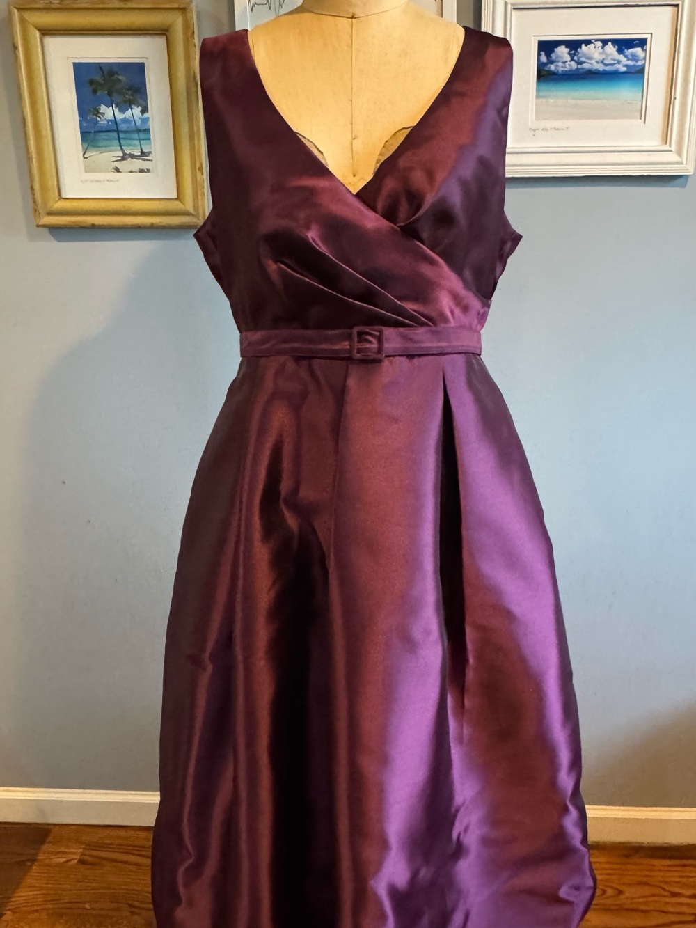 Donna Karan Sleeveless V-Neck Satin Fit & Flare Midi Dress in Berry color